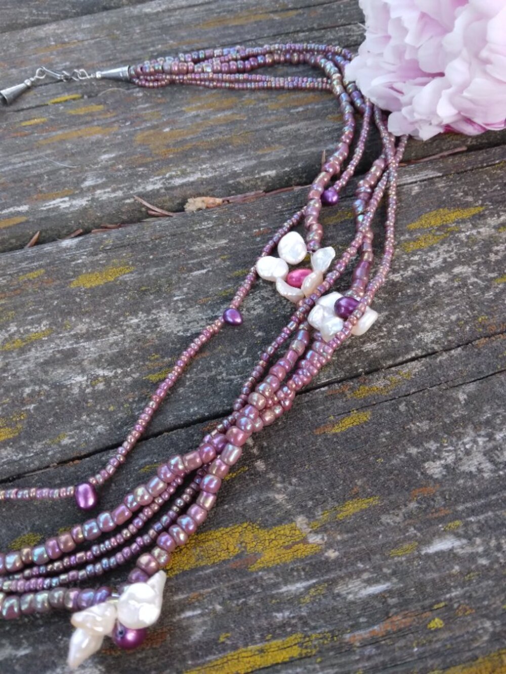 Handmade 5 Strand Floral Beaded Necklace with Freshwater Pearls